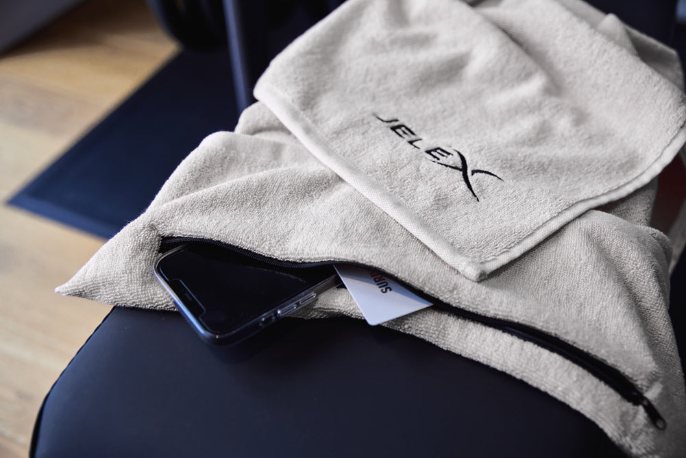 JELEX "100FIT" Asciugamano da palestra con tasca grigio
