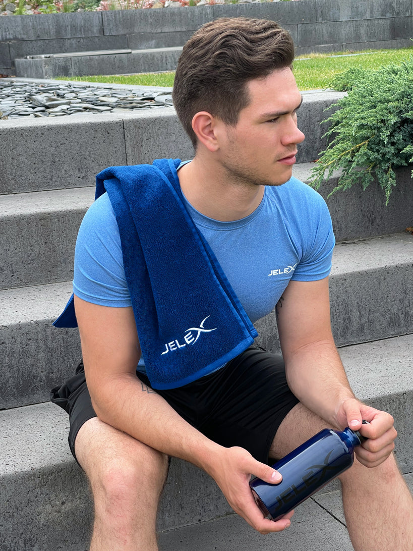 JELEX "100FIT" Asciugamano da palestra con tasca blu reale